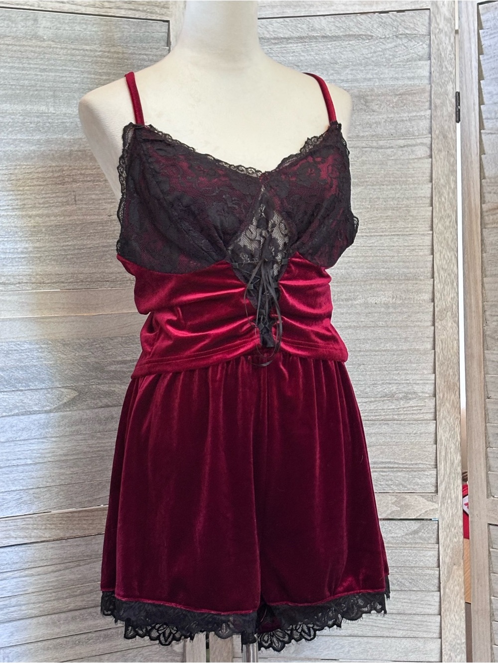Plus SZ2X Burgundy Velvet & Black Lace Cami w/ Matching Shorts Loungewear Set